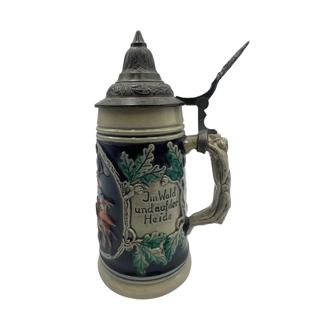 Vintage German Ceramic Beer Stein With Pewter Lid Forest Scene & Oak Leaf Design